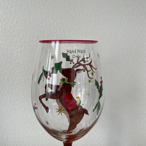 Neiman Marcus Hand-Painted Reindeer Christmas Wine Glasses Set of 4 New - Picture 13 of 16